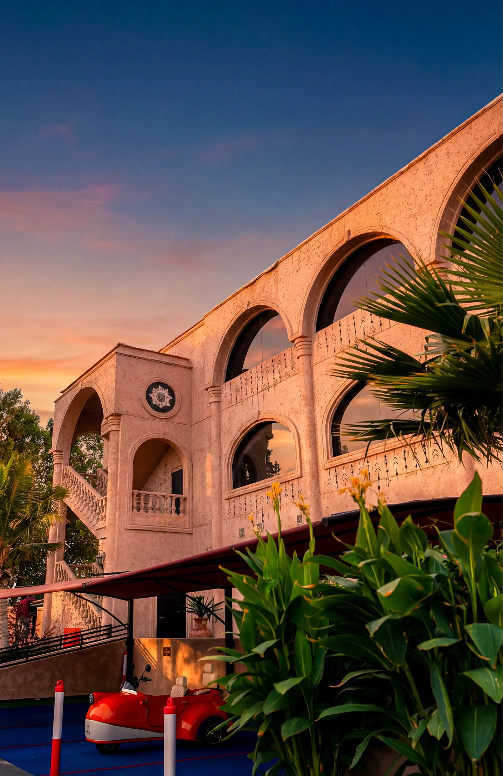 The arched terraces at SOL in evening light